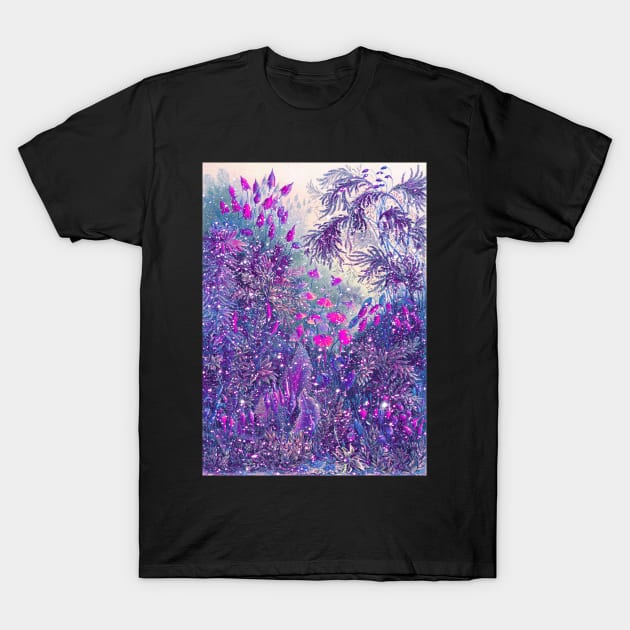 Purple face mask magic forest fairytale floral design with pink flowers T-Shirt by designsbyxarah